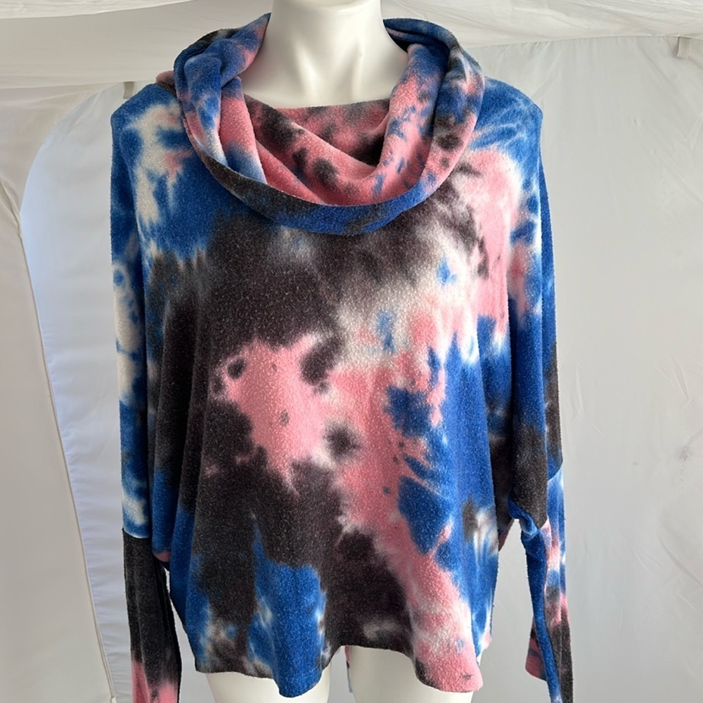 Ariella multicolor tie dye soft stretchy cowl neck pullover lace up back detail